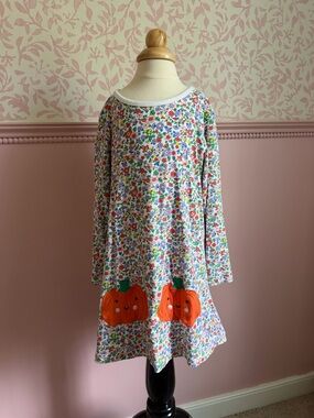 Mini Boden Multi-Color Floral Dress with Orange Pumpkin Appliqués